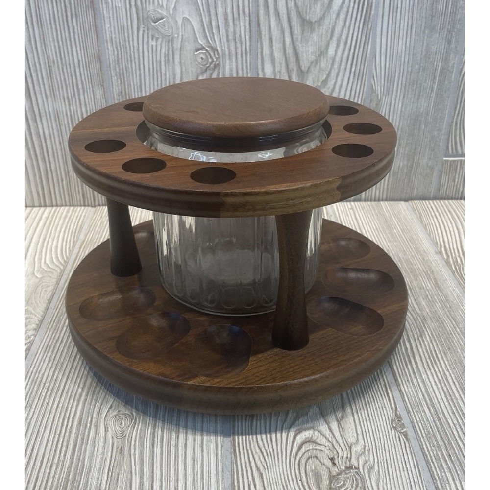 Decatur Walnut 9 Pipe Stand Glass Humidor Jar Holder Wood 9x6 Round Lazy Susan
